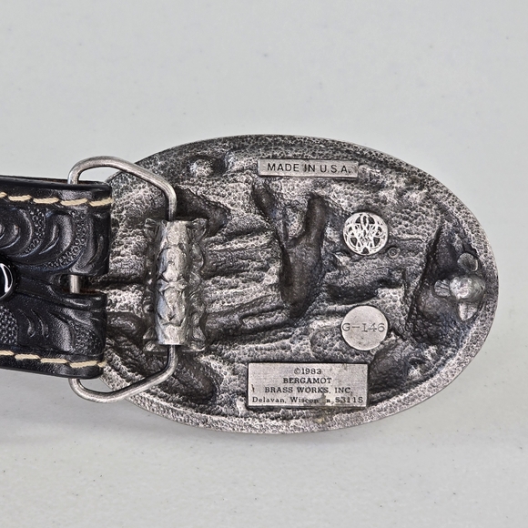 1983 Bergamot Brass Works Deer Buckle Western Tooled Leather Belt Size 32 USA - Picture 7 of 7